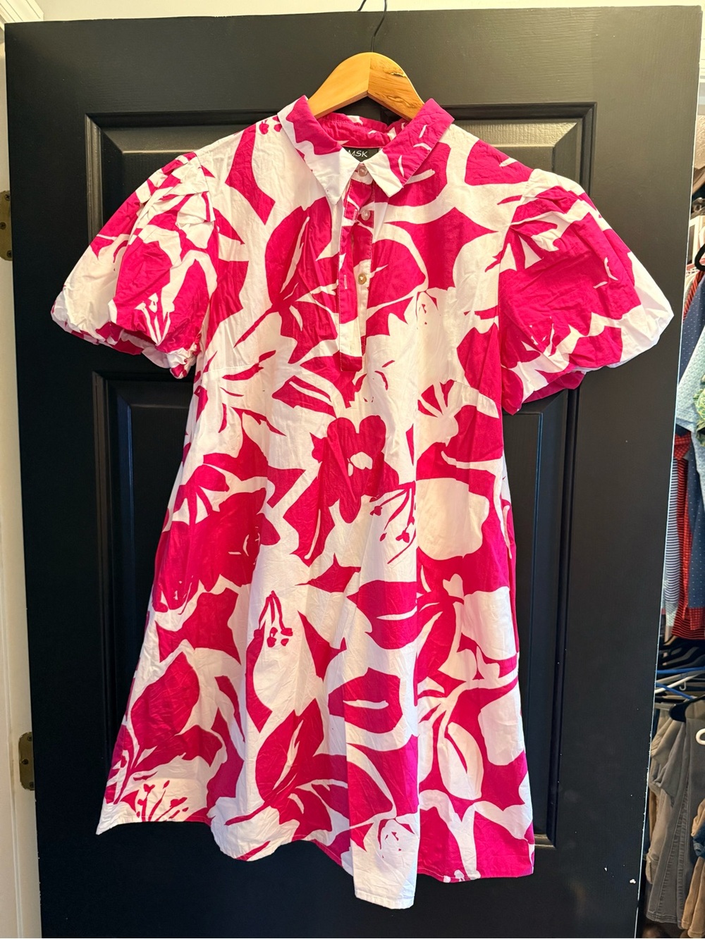MSK Pink & White Floral Puff Sleeve Shirtdress with Pockets - Size L